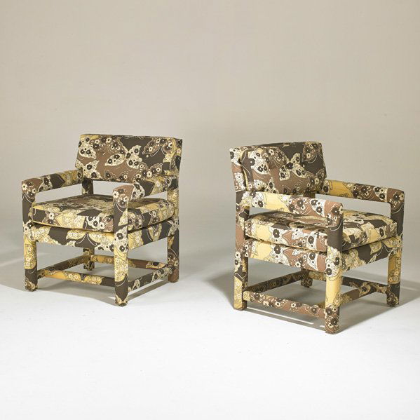 MILO BAUGHMAN; THAYER COGGIN: Pair of open-arm lounge chairs, USA, 1970s; Upholstery; Unmarked; 32" x 26 1/2" x 28"