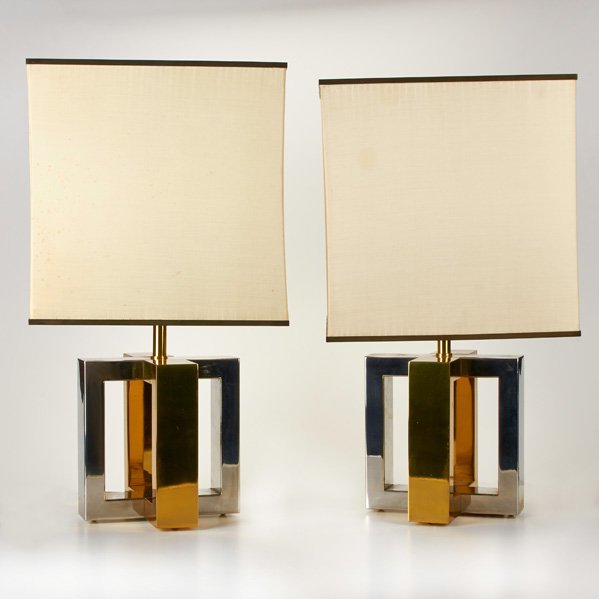 MODERN LIGHTING: Pair of table lamps with original shades, 20th c.; Brass, chromed metal, linen; Unmarked; 25 1/4" x 13 3/4" x 13 3/4"