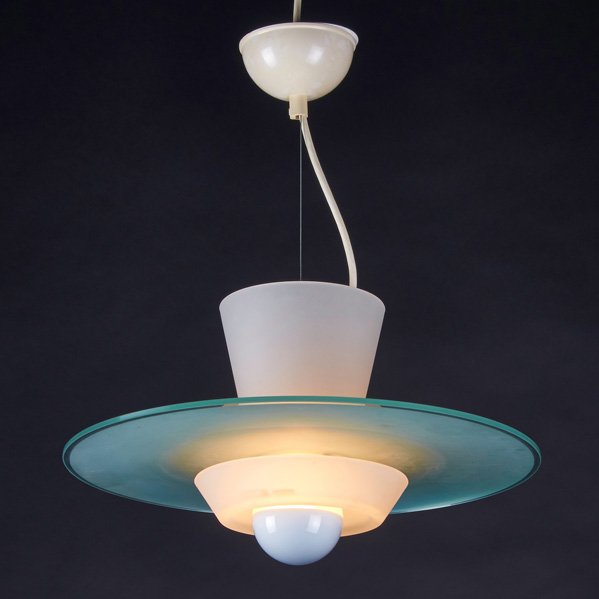 MODERN LIGHTING: Hanging fixture, USA, 20th c.; Frosted glass, painted metal; Unmarked; 13" x 20" dia. (fixture)
