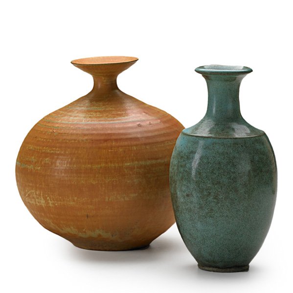 LAURA ANDRESON: Two vases: matte orange porcelain and blue stoneware, Los Angeles, CA, 1974; Both signed, orange dated; Larger: 7 1/2" x 7 1/2"