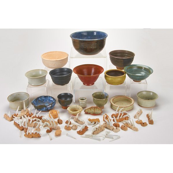 CONTEMPORARY STUDIO POTTERY: Eighteen pieces, USA, 20th c. including: fourteen bowls, one multi-piece sculpture in concrete and porcelain, etc.; Most unmarked, two signed "C. Harder 1928" and "Nancy Hinds 1987"; Largest: 9 1/2" d