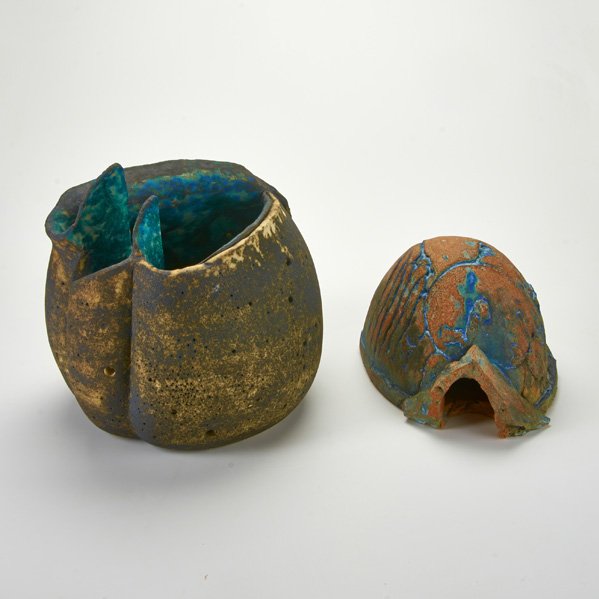 WILLIAM PARRY: Two pieces of stoneware, USA, late 20th c.: turtle shell form and "sky pot" with copper oxide glaze; Both initialed "WP," "sky pot" dated 1991; Taller: 12 1/4"