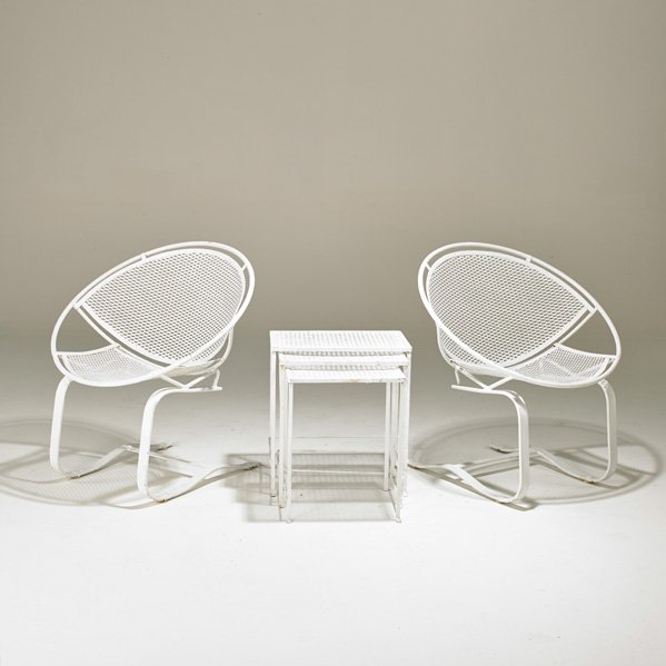 SALTERINI: Pair of cantilevered lounge chairs and nesting tables, USA, 1950s; Painted iron; Unmarked; Chair: 32" x 30" x 25", table: 20 1/2" x 18 1/2" x 14"
