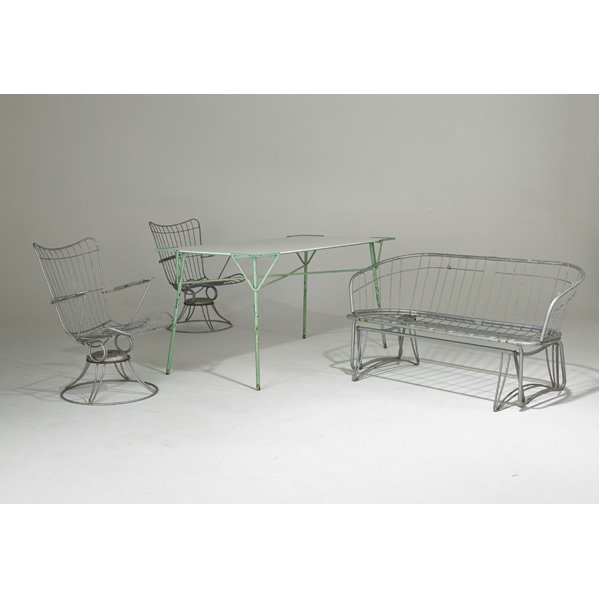 GARDEN: Dining table, glider and two tilt-swivel lounge chairs, USA, 1950s/60s; Enameled steel, milk glass; Unmarked; Table: 30" x 61" x 31", glider 28" x 53" x 26", each lounge chair: 33 1/2" x 36 1/2" x 35"