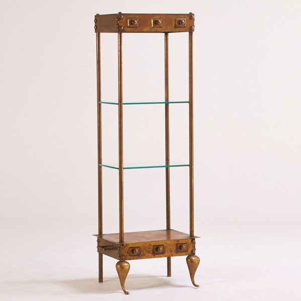 STEAM PUNK: Étagère incorporating elements of two 19th c. English fireplace trivets; 19th/20th c; Brass, glass; Unmarked; 64" x 23" x 18"
