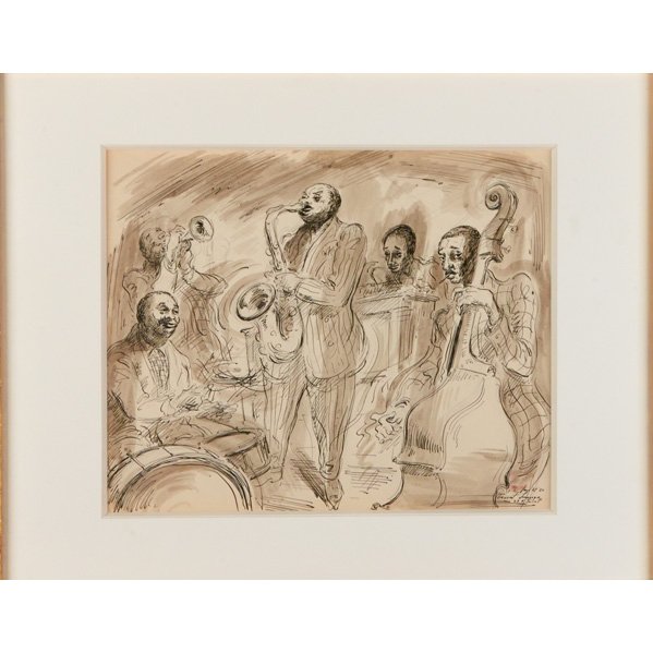 EDWARD LANING (American, 1906-1981): Ink and wash with pencil on paper; "Troost Lounge," 1950 (framed); Signed, titled, and dated; 14" x 16 3/4" (sheet)