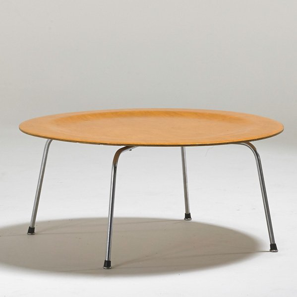 CHARLES AND RAY EAMES; HERMAN MILLER: Coffee table (CTM), Zeeland, MI, 1950s; Birch plywood, chromed steel; Unmarked; 15 1/2" x 34" dia.