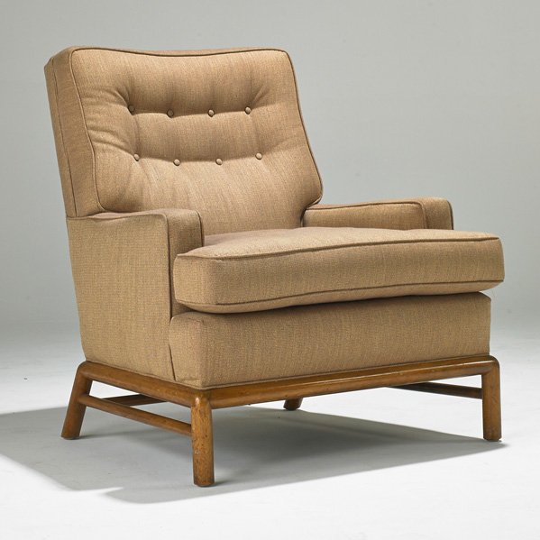 T. H. ROBSJOHN GIBBINGS; WIDDICOMB: Lounge chair, Grand Rapids, MI, 1950s; Walnut and upholstery; 35" x 31" x 35"