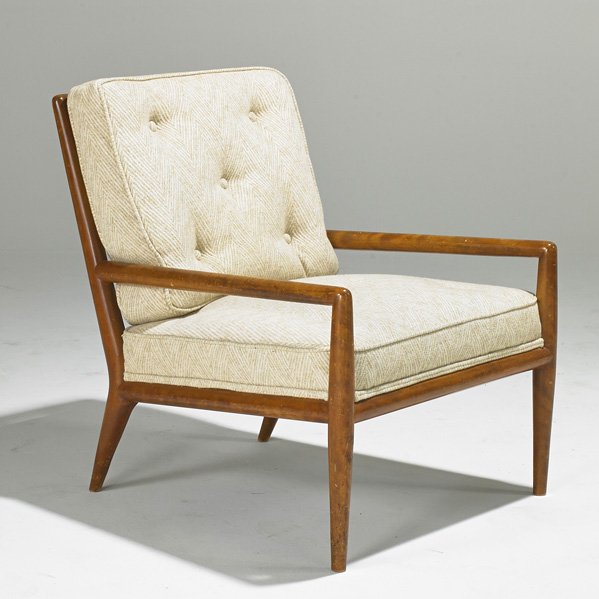 T.H. ROBSJOHN GIBBINGS; WIDDICOMB: Lounge chair, Grand Rapids, MI; Walnut, upholstery; Unmarked; 31 1/2" x 26" x 33 1/2"