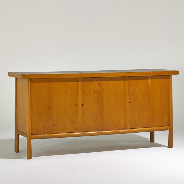 T. H. ROBSJOHN GIBBINGS; WIDDICOMB: Cabinet, Grand Rapids, MI., 1950s; Bleached walnut; Fabric label; 34" x 72" x 20"