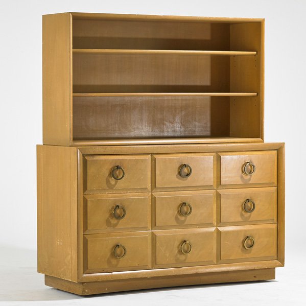 T.H. ROBSJOHN GIBBINGS; WIDDICOMB MODERN: Breakfront and matching end table, Grand Rapids, MI, 1940s; Bleached mahogany, glass, brass; Unmarked; Overall: 62" x 54" x 20 1/4"
