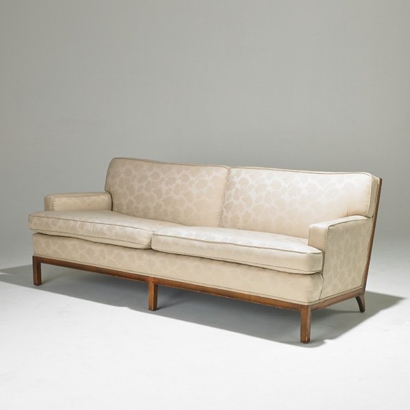 JOHN STUART: Sofa; Grand Rapids, MI, 1950s; Walnut and upholstery; Unmarked; 30" x 80" x 35"