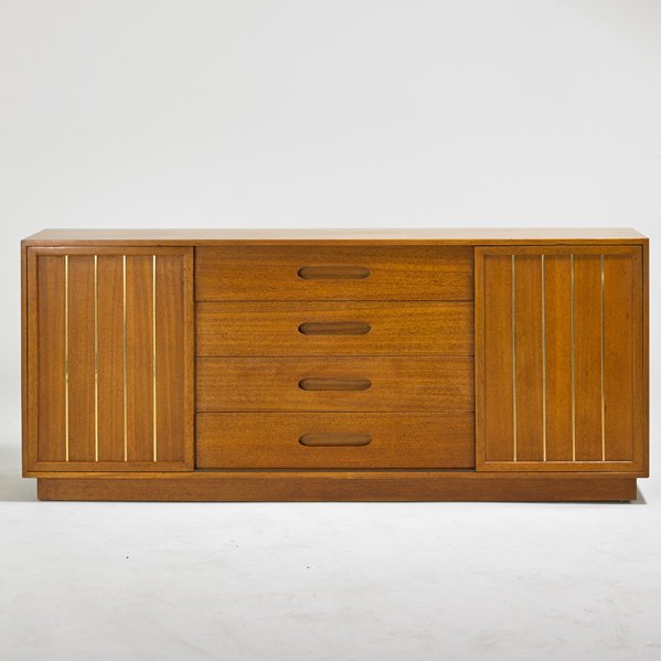 HARVEY PROBBER; HARVEY PROBBER, INC.: Cabinet, Fall River, MA, 1950s; Bleached walnut, brass; Metal label; 32 1/2" x 77 1/2" x 18"