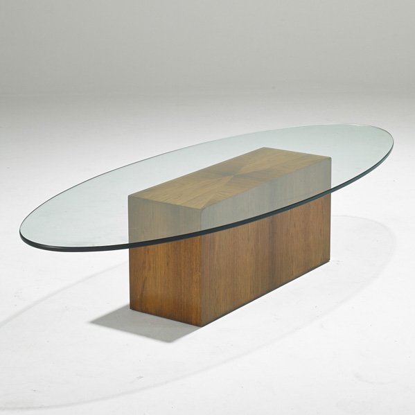HARVEY PROBBER: Coffee table, USA, 1950s; Rosewood and glass; Unmarked; 12 1/2" x 60" x 24"
