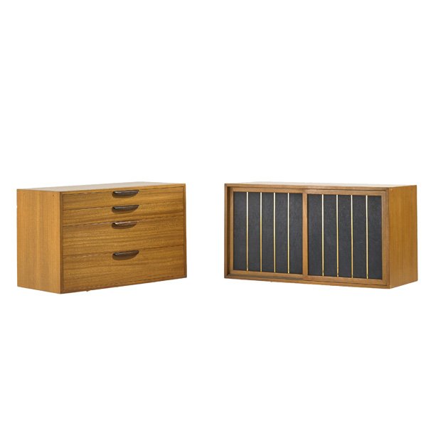 HARVEY PROBBER; HARVEY PROBBER INC.: Two wall hanging cabinets, USA, 1960s; Bleached mahogany, brass and leather; Metal labels; Smaller: 22 1/2" x 36" x 18", larger: 42" x 36" x 18"