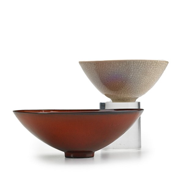 JAMES LOVERA: Two flaring bowls, both in crackled glaze, San Francisco, CA; Both signed; 2 1/2" x 7 1/4", 2 1/2" x 5 1/2"