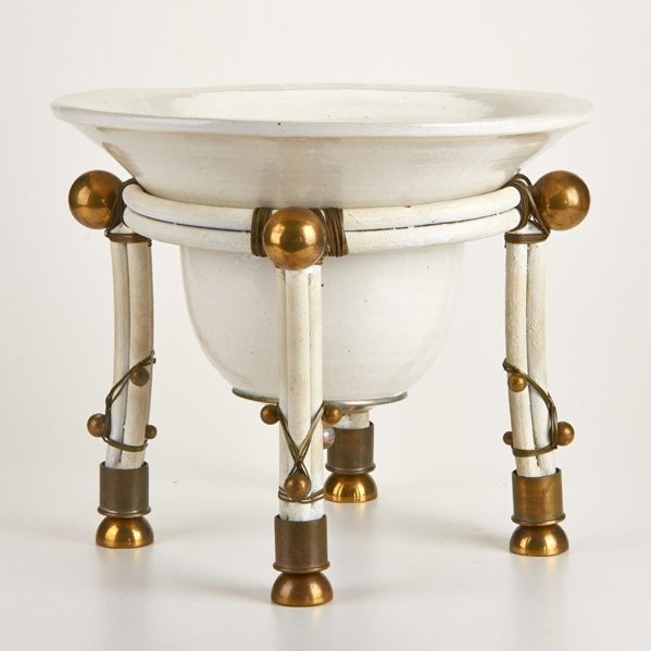 DOROTHY THORPE (Attr.);: Ceramic bowl supported by four-legged stand with brass decorations, USA, 20th c.; Unmarked; 11 1/4" x 13 1/4" dia.