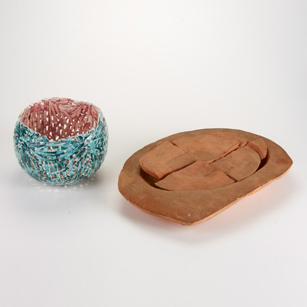 BARBARA CAHN; LEEPER: Two ceramic vessels, USA, 20th c.; Woven basket and redware puzzle charger; Basket signed "Barbara Cahn," charger signed "Leeper 64"; Basket: 5 3/4" x 8"
