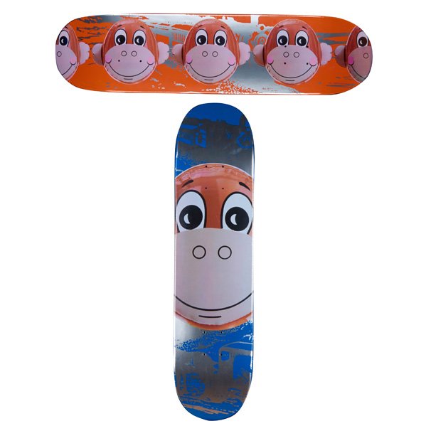 JEFF KOONS (American, b. 1955): Two transfer-printed "Monkey Train" Supreme skateboard decks in original cellophane wrappers; Stamped initials and titles; Each: 31" x 7 7/8"