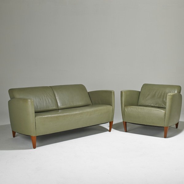 KENNETH WINSLOW: Love seat and club chair, USA, 1980s/90s; Leather, cherry; Metal label; Sofa: 31" x 65" x 35", chair: 31" x 36" x 35"