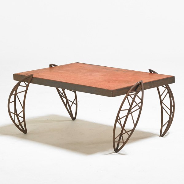 ANDREW JEVREMOVIK: Coffee table, USA, 1990s; Enameled iron, dyed wood; Unmarked; 17 1/2" x 43 1/2" x 30"