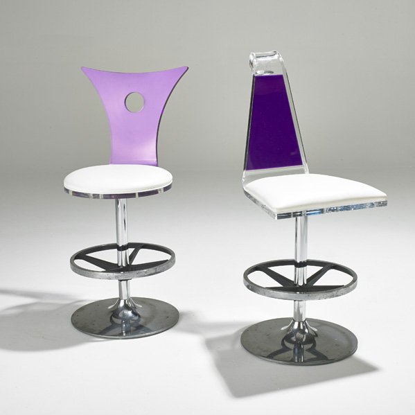 CONTEMPORARY: Two of bar stools, Sun Valley, CA., 1990s; Lucite, chrome, cast aluminum and vinyl; Marked H. Studio; Taller: 40 3/4" x 16 1/2" x 24"