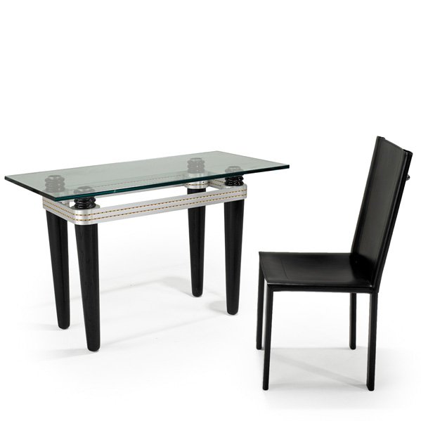 KAISER NEWMAN; MATTEO GRASSI: Desk and chair, Philadelphia, PA, 1990s; Aluminum, oak, glass and porcelain; Unmarked; Desk 30" x 48" x 24"