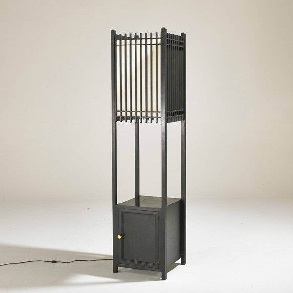 DESIGNER: Lamp-table with integrated storage, USA, 1960s; Ebonized wood, latex, brass; Unmarked; 65" x 15 1/4" x 15 1/4"