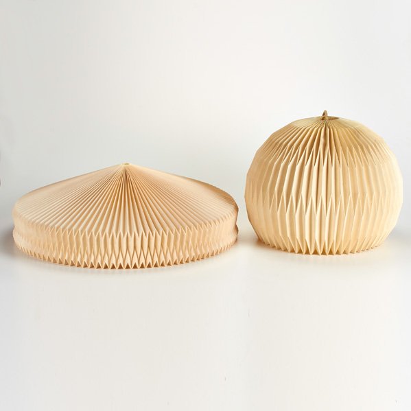 LE KLINT: Two folding lamp shades, mid 20th c.: one pendant, one floor lamp shade; One marked "Le Klint"; Taller: 12"