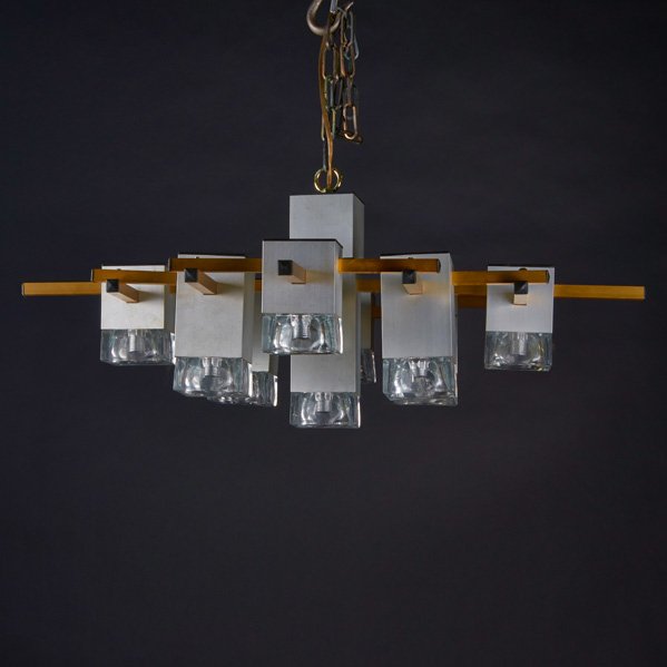 LIGHTOLIER: Eight-light chandelier, 20th c.; Brass, glass, plastic; Unmarked; 11 1/4" x 31" x 31"