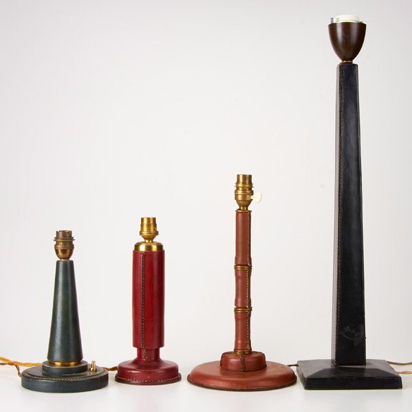 MODERN LIGHTING: Four leather table lamps, 20th c. ; Unmarked; Tallest: 22 1/2"
