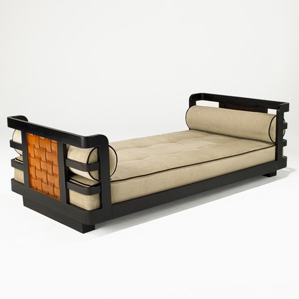 FRENCH ART DECO: Daybed,1940s; Lacquered wood, mahogany, velvet upholstery; Unmarked; 23 1/2" x 76" x 37 1/2"