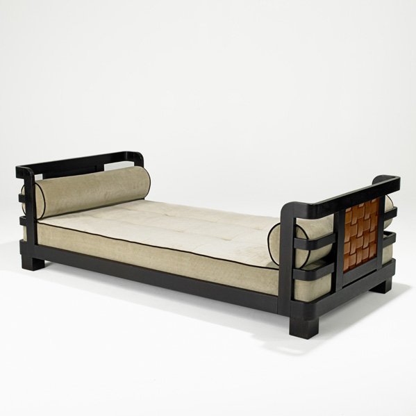 FRENCH ART DECO: Daybed,1940s; Lacquered wood, mahogany, velvet upholstery; Unmarked; 23 1/2" x 76" x 37 1/2"