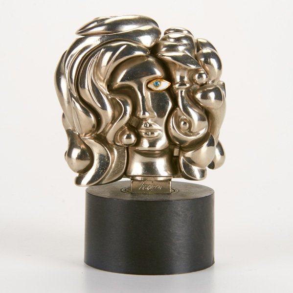 MIGUEL BERROCAL (Spanish, 1933-2006): Puzzle sculpture, Spain, ca. 1969; "Portrait of Michelle"; Nickel-plated brass, plastic base; Stamped; 4" x 3"