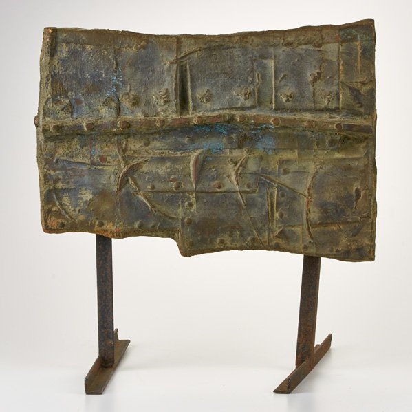 GINO MAROTTA: Abstract bronze sculptural plaque mounted on cast-iron standards, Italy, 1960; Signed and dated; 17 1/2" x 16" x 13"