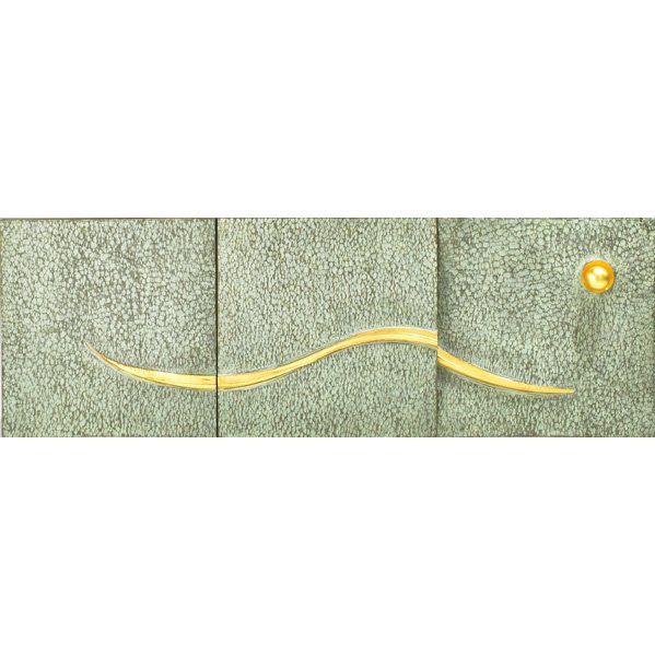 GERALD MORODER: Triptych sculpture, Italy, 2003; Carved, polychrome and gilt wood; Signed and dated; Certificate of authenticity included; Overall: 23 1/2" x 70" x 4"
