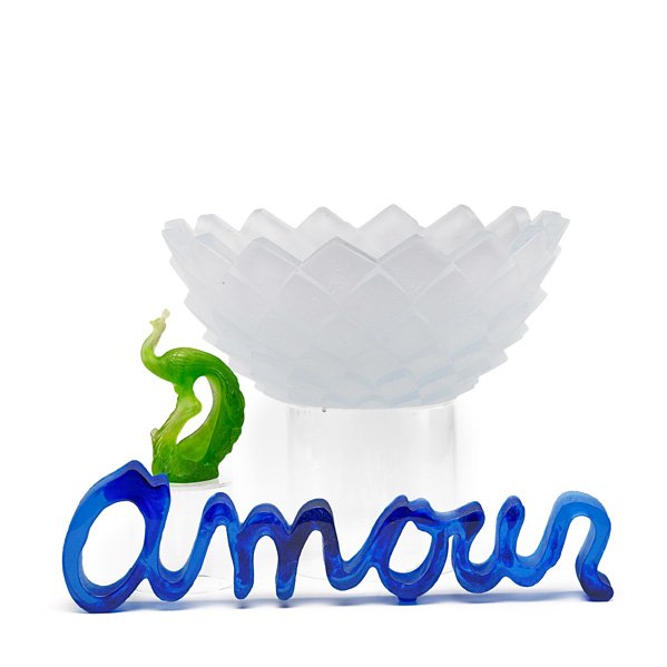 DAUM: Three items, late-20th c.: pate de verre peacock, Amour script sculpture and iris coupe, all with original boxes; Coupe: 5" x 11 3/4" dia.