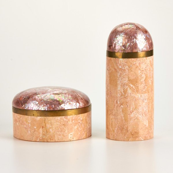 MAITLAND-SMITH: Two boxes, USA, late-20th c.; Tessellated stone, mother-of-pearl lids; Unmarked; 9 3/4" x 4" dia.
