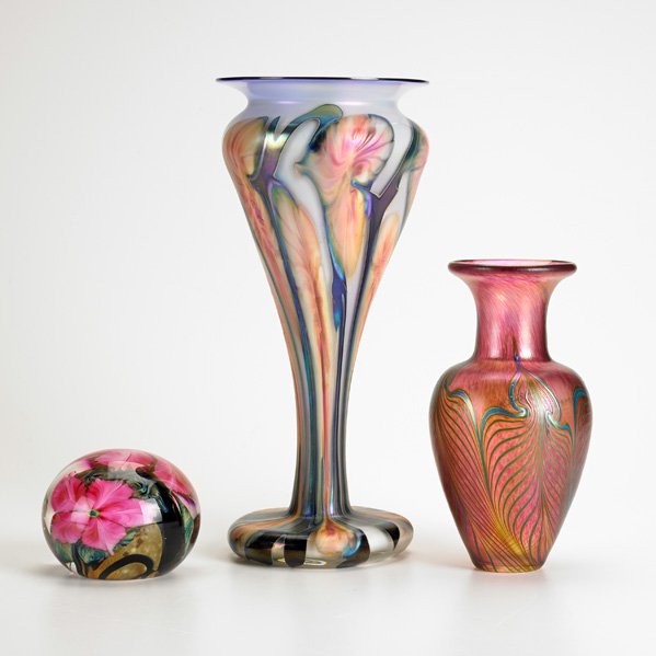 JOHN LOTTON, ETC.: John Lotton long-necked glass vase with floral motifs, David Lotton paperweight with floral motif, and a Robert Held pulled feather design vase; All signed c. 1990; Tallest:11 3/4"