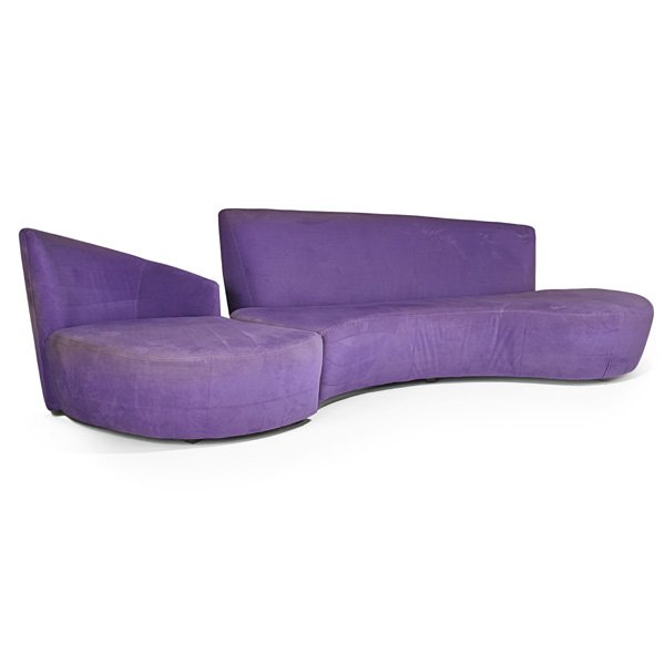 VLADIMIR KAGAN; WEIMAN PREVIEW: Bilbao sofa and chaise, USA, 1990s; Microfiber, plastic feet; Unmarked; Sofa: 39 1/2" x 100" x 43", chaise: 37 1/2" x 65" x 37"