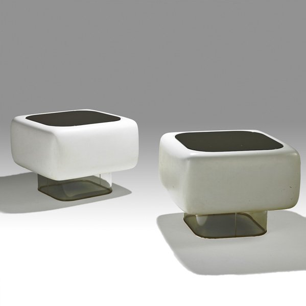 STEELCASE FURNITURE CO.: Pair of side tables, USA, 1970s; Gel-coated fiberglass, acrylic, mirrored glass; Manufacturer's labels; 21 1/2" x 29 1/2" sq.