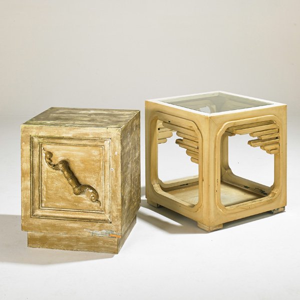 JAMES MONT: Two side tables, USA, 1960s; Painted wood, glass; Unmarked; Larger: 22" x 21" x 21"; Provenance: original owner, purchased from the artist