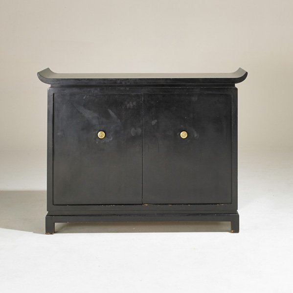 JAMES MONT: Two-door cabinet, USA, 1960s; Lacquered wood, brass; Branded; 35 1/2" x 46 1/2" x 15"