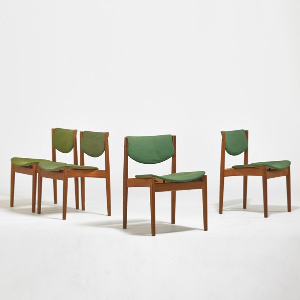 FINN JUHL FRANCE & SONS: Four side chairs, Denmark; 1960s; Teak, wool, brass; Manufacturer label, impressed markings; Each: 29 1/2" x 21" x 21 1/2"