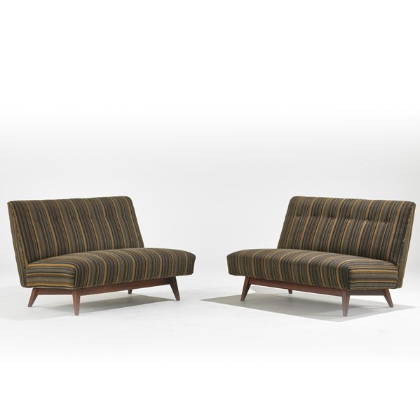 JENS RISOM; JENS RISOM DESIGN: Pair of settees, USA, 1950s; Upholstery, walnut; Unmarked; Each: 30 1/2" x 46 1/2" x 33"