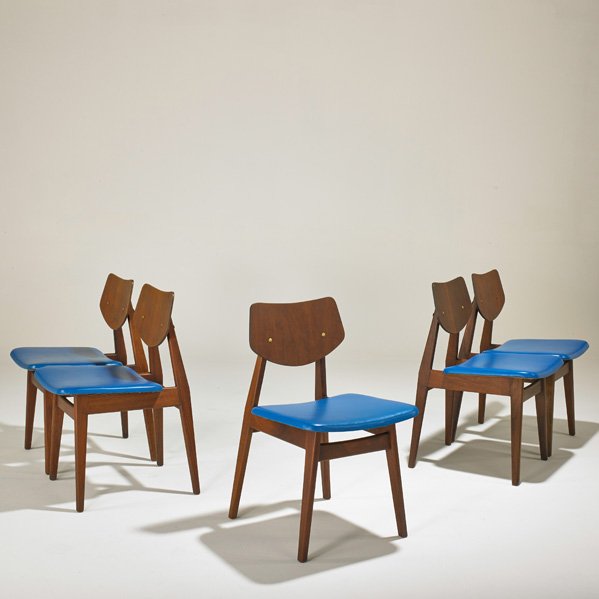JENS RISOM: Set of five dining chairs, USA; Walnut, vinyl; Two with upholstery labels; 31" x 18 1/2" x 21"