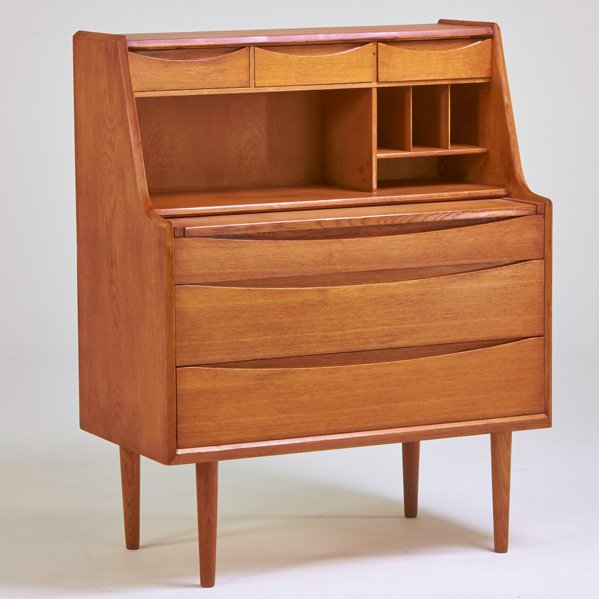 ARNE VODDER: Secretary with flip-top vanity, Denmark, 1960s; Teak and mirrored glass; Stamped and illegibly signed; 42 1/2" x 34" x 18"