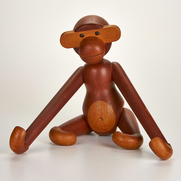 KAY BOJESEN: Articulated teak monkey, Denmark; 1950s; Branded "Kay Bojesen / Denmark / Copyright"; As shown: 12 1/2" x 14 1/2" x 14"