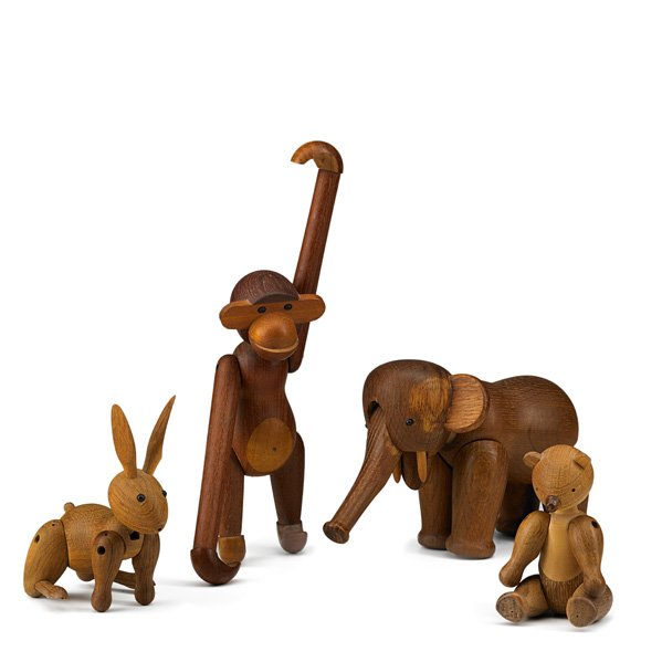 KAY BOJESEN: Four articulated teak animals: elephant, bear, rabbit, and monkey, Denmark, 1950s; All stamped KAY BOJESEN DENMARK, one copyright 1957; Elephant: 4 3/4" x 6 1/4" x 4"