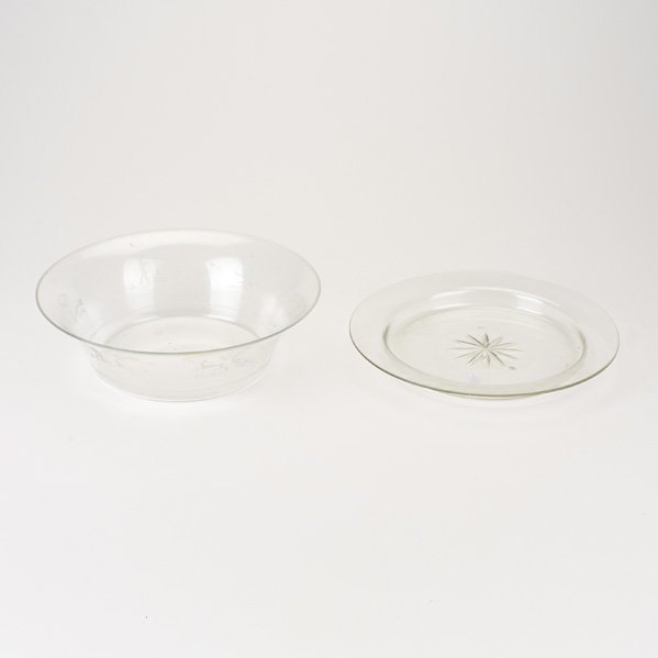 SIMON GATE; ORREFORS: Glass bowl with etched hunting scenes and underplate with central sunburst motif, Sweden, ca. 1920s/30s; One marked; Overall: 3 1/4" x 10"
